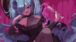  1girl :d absurdres black_dress black_gloves blue_hair breasts collarbone crossed_legs cup dress elbow_gloves flower gloves gradient_gloves grey_thighhighs hair_flower hair_ornament hair_over_one_eye hatsune_miku highres holding holding_cup katorea long_hair looking_at_viewer open_mouth pink_gloves purple_flower red_eyes sitting small_breasts smile solo thighhighs very_long_hair vocaloid 