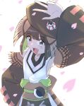  1other bare_shoulders black_hair black_headwear cherry_blossoms detached_sleeves feather_hair_ornament feathers gradient_ray green_hair grey_eyes hair_ornament hat highres indie_virtual_youtuber light_blush obi open_mouth sash short_hair_with_long_locks sleeveless smile solo tabinoki_kanae virtual_youtuber youtube 