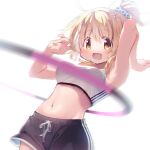  1girl armpits arms_up black_shorts blonde_hair blush breasts brown_eyes decatitioneesan hidamari_sketch highres hoop hula_hoop long_hair miyako_(hidamari_sketch) motion_blur navel open_mouth ponytail scrunchie short_shorts shorts simple_background smile solo sports_bra white_background white_sports_bra 