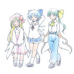  3girls black_footwear blonde_hair blue_bow blue_hair blue_pants blue_shorts blush bow cirno closed_eyes closed_mouth daiyousei detached_wings dress fairy fairy_wings full_body green_hair hair_bow hat ice ice_wings lily_white long_hair long_sleeves multiple_girls open_mouth pants rangycrow shoes short_hair shorts side_ponytail simple_background smile socks touhou white_background white_dress white_headwear white_socks wings 