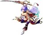  1girl aqua_hair armor breasts crown eden&#039;s_ritter_grenze gradient_hair greaves high_ponytail holding holding_sword holding_weapon huge_breasts light_purple_hair long_hair multicolored_hair official_art ootachi revealing_clothes ritter_ushas sword tassel thighhighs weapon 