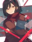  1girl bangs blurry book bow bowtie brown_cardigan brown_eyes brown_hair cardigan ceiling chalkboard classroom clock closed_mouth depth_of_field desk enpera eraser hair_between_eyes hair_ornament hairclip holding holding_book indoors kagerou_project long_sleeves looking_at_viewer math mekakucity_actors nervous object_hug pen red_bow red_bowtie red_scarf scarf school_desk shirt shunu_tabetai solo sweat tateyama_ayano textbook translated upper_body wall_clock white_shirt 