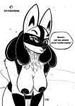  anthro big_breasts black_and_white black_body black_eyes black_fur black_hair black_nipples breasts canid canine cleavage clothed clothing female fox fur generation_4_pokemon hair hi_res looking_at_viewer lucario mammal monochrome nintendo nipples nude pinup pokemon pokemon_(species) pose simple_background smile solo speech_bubble spoogiehowl text white_body white_fur 