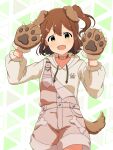  1girl animal_ears animal_hands brown_hair cartoon_bone collar cowboy_shot dog_ears dog_paws dog_tail fake_animal_ears highres hood hoodie hutaba idolmaster idolmaster_million_live! kasuga_mirai open_mouth overalls pink_overalls short_hair side_ponytail tail yellow_eyes 