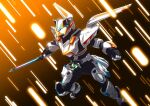  1boy animal_ears antennae black_bodysuit bodysuit clenched_hands command_buckle commentary desire_driver driver_(kamen_rider) earpiece flying goggles highres holding holding_sword holding_weapon kamen_rider kamen_rider_geats_(series) kamen_rider_tycoon kamen_rider_tycoon_command_form:jet_mode leg_armor microphone orange-tinted_eyewear orange_eyes otokamu raccoon_ears raise_sword rider_belt sword tanuki tinted_eyewear tokusatsu upper_body visor_(armor) weapon wings 