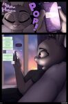  anthro bedroom clothing comic disney eyelashes eyes_closed female fur furbeyond glistening glistening_eyes grey_body grey_fur hi_res holding_object holding_phone judy_hopps lagomorph leggings legwear leporid light_body light_fur mammal message_box phone phone_screen purple_eyes rabbit shaded smile solo speech_bubble sunset thought_bubble zootopia 