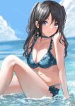  1girl absurdres bikini black_hair blue_bikini blush breasts cleavage collarbone floral_print frilled_bikini frills highres idolmaster idolmaster_shiny_colors knee_up light_smile long_hair looking_at_viewer medium_breasts mitsumine_yuika navel outdoors sitting solo swimsuit ushimo_(dztu8434) 