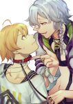  2boys ahoge asahi_sora blonde_hair blush collar dankira!!! grey_hair highres holding holding_leash janome_shiki leash looking_at_viewer male_focus multiple_boys open_mouth orange_eyes red_collar shirt short_braid short_hair short_sleeves sundaaay white_background white_shirt yaoi yellow_eyes 