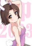  1girl 2023 animal_ears arm_up armpits background_text bangs bare_shoulders black_pantyhose breasts brown_eyes brown_hair buchikaki chinese_zodiac closed_mouth commentary covered_navel fake_animal_ears fake_tail girls_und_panzer leotard light_blush looking_at_viewer medium_breasts new_year pantyhose parted_bangs pink_leotard playboy_bunny rabbit_ears rabbit_tail sawa_azusa short_hair smile solo standing tail year_of_the_rabbit 