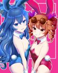  2girls bangs bare_shoulders blue_bow blue_bowtie blue_eyes blue_hair bow bowtie brown_ribbon character_request copyright_request drill_hair eyewear_on_head hair_ribbon height_difference highres kisaragi_koushi light_brown_hair long_hair multiple_girls pink_background playboy_bunny red_eyes ribbon round_eyewear smile touhou twin_drills yorigami_jo&#039;on yorigami_shion 