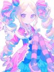  1girl :&lt; bangs beatrice_(re:zero) blonde_hair blurry capelet closed_mouth commentary_request crown dress drill_hair eyelashes frills fur-trimmed_capelet fur_trim hair_ribbon highres index_finger_raised long_hair looking_at_viewer mini_crown pantyhose parted_bangs pink_capelet pink_ribbon pointing re:zero_kara_hajimeru_isekai_seikatsu ribbon ruu_poppo shoes sidelocks solo striped striped_pantyhose twin_drills twintails white_background 