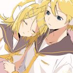  1boy 1girl bangs bare_shoulders blonde_hair blue_eyes bow brother_and_sister closed_eyes covering_with_blanket hair_bow hair_ornament hairclip head_on_another&#039;s_shoulder headphones headset highres kagamine_len kagamine_rin leaning_on_person looking_at_another m0ti neckerchief necktie sailor_collar sailor_shirt shirt short_sleeves siblings side-by-side sleeping sleeping_on_person sleeveless sleeveless_shirt spiked_hair swept_bangs twins vocaloid white_bow yellow_neckerchief yellow_necktie 