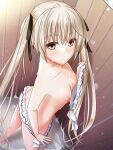  1girl ass bangs barefoot bikini black_ribbon bra breasts butt_crack cleavage collarbone drain_(object) dripping eyes_visible_through_hair fingernails grey_hair hair_ribbon highres holding holding_bra holding_clothes holding_underwear kasugano_sora light_blush long_hair looking_at_viewer nipples nyabe partially_undressed ribbon shower_head showering sidelocks small_breasts smile solo sparkle swimsuit twintails underwear undressing very_long_hair water_drop wet white_bikini wooden_wall yellow_eyes yosuga_no_sora 