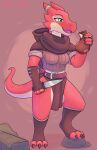  accessory adra_(artist) anthro bag claws clothed clothing dagger eyelashes female gloves handwear hi_res horn kobold lizard melee_weapon open_mouth red_body reptile ring rock scales scalie simple_background solo standing tail toe_claws weapon yellow_eyes 