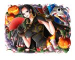  1girl black_dress black_gloves black_hair boa_hancock candle cup dress earrings glass gloves halloween hand_fan holding holding_cup holding_fan jack-o&#039;-lantern jewelry long_hair looking_at_viewer official_art one_piece one_piece_treasure_cruise 