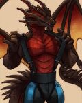 anthro black_clothing brown_body claws clothing defiant_drills dragon hellebore_(defiant_drills) hi_res looking_at_viewer male muscular_arms pose red_body red_scales scales scalie simple_background solo tail wings yellow_sclera yellow_wings 