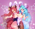  2girls ;p animal_ears arm_around_waist bangs bare_shoulders blue_hair blush bow_choker breast_press breasts cleavage dragalia_lost dragon_girl dragon_horns dragon_tail fake_animal_ears fangs fishnet_pantyhose fishnets fur-trimmed_choker hair_between_eyes hand_around_waist highres horns large_breasts leotard long_hair looking_at_viewer mercury_(dragalia_lost) multiple_girls mym_(dragalia_lost) one_eye_closed outstretched_hand pantyhose pink_background playboy_bunny rabbit_ears ragnarathered red_eyes red_hair signature skin_fangs tail tongue tongue_out very_long_hair wrist_cuffs yellow_eyes 