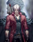  2boys arms_at_sides bandaged_arm bandages bangs belt belt_buckle black_gloves black_pants brothers brown_belt buckle buttons closed_eyes closed_mouth coat collarbone collared_coat commentary cowboy_shot dante_(devil_may_cry) devil_may_cry_(series) devil_may_cry_5 facial_hair fingerless_gloves gloves grey_hair grey_shirt hair_over_eyes highres male_focus multiple_boys open_clothes open_coat pants parted_bangs rebellion_(sword) red_coat shaded_face shirt short_hair siblings sleeves_past_wrists sleeves_rolled_up smile standing sword sword_on_back talgi vergil_(devil_may_cry) weapon weapon_on_back 