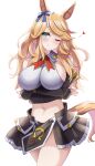  1girl animal_ears aqua_eyes arms_under_breasts bangs bare_shoulders blonde_hair breasts closed_mouth cosplay cowboy_shot crossed_arms ear_ribbon gold_city_(umamusume) head_tilt heart highres horse_ears horse_girl horse_tail kibihimi large_breasts long_hair midriff navel neige_hausen neige_hausen_(cosplay) one_eye_closed pink_nails revision sideboob simple_background skirt smile solo spoken_heart super_robot_wars super_robot_wars_og_saga_mugen_no_frontier super_robot_wars_og_saga_mugen_no_frontier_exceed swept_bangs tail umamusume white_background 