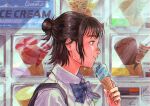  1girl bag bangs black_eyes black_hair blue_bow blue_bowtie bow bowtie chromatic_aberration closed_mouth collared_shirt commentary day eating english_text film_grain food from_side hair_bun half_updo holding holding_food holding_ice_cream ice_cream_cone inumoto922 looking_ahead nose original picture_(object) plaid plaid_bow plaid_bowtie price_list profile school_bag shirt short_hair sign single_hair_bun smile solo sunlight unmoving_pattern upper_body white_shirt 