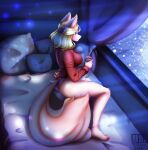  absurd_res anthro beverage breasts butt canid clothed clothing cozy feet female hi_res invalid_tag mammal morning ritios smile snow snowy_(disambiguation) solo sweater tea topwear underwear winter 