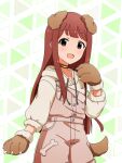  1girl animal_ears animal_hands cartoon_bone collar cowboy_shot dog_ears dog_paws dog_tail fake_animal_ears fur_trim highres hood hoodie hutaba idolmaster idolmaster_million_live! long_hair open_mouth overalls pink_overalls red_eyes red_hair tail tanaka_kotoha 