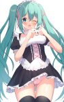  1girl :d alternate_costume aqua_eyes aqua_hair blush breasts dress enmaided hair_ornament hannari369 hatsune_miku heart heart_hands long_hair looking_at_viewer maid maid_headdress moe_moe_kyun! one_eye_closed open_mouth panties pantyshot pink_panties shirt skirt small_breasts smile solo thighhighs thighs twintails underwear very_long_hair vocaloid zettai_ryouiki 