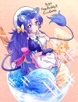  animal_ears apron bangs blue_eyes blue_gloves blue_hair bow commentary_request cure_gelato food gloves hair_bow highres ice_cream kirakira_precure_a_la_mode kyoutsuugengo lion_ears lion_girl lion_tail magical_girl parted_bangs ponytail precure sitting tail tategami_aoi waitress white_bow white_headwear 