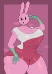  absurd_res anthro big_breasts bodily_fluids breasts cleavage clothed clothing female fur gloves handwear hi_res lagomorph leporid mammal overalls pink_body pink_fur rabbit simple_eyes simple_face solo steam sweat theatneg thick_thighs widget 
