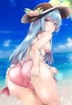  1girl ass back bangs beach bikini black_headwear blue_hair blue_sky blurry blurry_background breasts closed_mouth cloud cloudy_sky commentary day duplicate embarrassed food frilled_bikini frills from_behind frown fruit hand_on_own_ass hat highres hinanawi_tenshi leaf leaning_forward lips long_hair looking_at_viewer looking_back medium_breasts ocean outdoors peach pink_bikini pixel-perfect_duplicate presenting red_eyes red_ribbon revision ribbon sand sideboob sky solo straight_hair string_bikini sun_hat swimsuit thighs touhou water yuhito_(ablbex) 