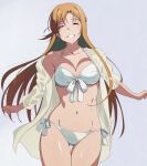  1girl asuna_(sao) bare_shoulders bikini breasts cleavage closed_eyes cowboy_shot curvy facing_viewer large_breasts long_hair navel puge red_hair robe shiny_skin side-tie_bikini_bottom smile solo sweat swimsuit sword_art_online white_background white_bikini white_robe 