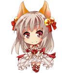  1girl animal_ears bangs bell bow breasts brown_eyes chibi cleavage closed_mouth commentary_request detached_sleeves dress fox_ears frilled_dress frills full_body grey_hair hair_bell hair_bow hair_ornament jingle_bell long_hair looking_at_viewer lowres momozakura_nanao official_alternate_costume ragnarok_online red_bow red_footwear simple_background sleeveless sleeveless_dress small_breasts smile solo transparent_background wanderer_(ragnarok_online) white_dress white_sleeves 