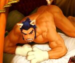  1boy all_fours anal_tail animal_ears animal_hands ass bad_id bad_pixiv_id bara blush cat_boy cat_ears cat_tail completely_nude dark-skinned_male dark_skin drooling facial_hair fake_tail feet_out_of_frame forked_eyebrows frown goatee ixion_saga_dt kemonomimi_mode large_pectorals long_sideburns looking_at_viewer male_focus motion_blur muscular muscular_male nude on_bed pectorals red_eyes sainglain_(ixion_saga_dt) short_hair sideburns solo tail tail_wagging tearing_up thick_eyebrows thick_thighs thighs usada_(usaddd) 