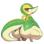  anthro backsack balls big_butt brown_eyes butt crouching generation_5_pokemon genitals half-closed_eyes huge_butt kingofacesx looking_back male multicolored_body narrowed_eyes nintendo nude pokemon pokemon_(species) smile snivy solo thick_thighs two_tone_body 