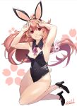  1girl animal_ears black_bow black_bowtie black_leotard bow bowtie breasts covered_navel crescent crescent_pin fake_animal_ears fake_tail fuwafuwatoufu hair_ornament hair_ribbon high_heels highres kantai_collection leotard long_hair looking_at_viewer pink_background pink_hair playboy_bunny rabbit_ears rabbit_hair_ornament rabbit_tail red_eyes ribbon signature small_breasts solo strapless strapless_leotard tail uzuki_(kancolle) white_background wrist_cuffs 