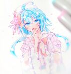  1boy ahoge blue_eyes blue_hair blush highres lim_(technoroid) liquid_hair long_sleeves male_focus marker_(medium) multicolored_shirt otoko_no_ko pink_shirt purple_shirt shenaa shirt solo technoroid traditional_media 