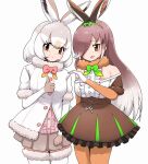  2girls :3 animal_ears aw_r0s bare_shoulders blush bow bowtie brown_eyes brown_fur brown_gloves brown_hair brown_pantyhose brown_skirt center_frills coat cowboy_shot elbow_gloves european_hare_(kemono_friends) extra_ears frills fur_trim gloves gradient_gloves green_bow green_bowtie green_skirt grey_hair grey_skirt hair_bow hair_over_one_eye heart_hands_failure high-waist_skirt highres kemono_friends long_hair mountain_hare_(kemono_friends) multicolored_hair multiple_girls orange_eyes pantyhose pink_shirt pleated_skirt rabbit_ears rabbit_girl red_bow red_bowtie shirt short_hair short_sleeves skirt smile thighhighs two-tone_gloves two-tone_hair two-tone_skirt white_coat white_fur white_gloves white_hair white_shirt white_thighhighs 