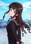  1girl amagami arms_behind_back black_hairband black_jacket blue_eyes brown_hair cloud cloudy_sky curly_hair grey_skirt hairband highres jacket kibito_high_school_uniform long_hair long_sleeves looking_at_viewer looking_to_the_side morishima_haruka nasubin_(nasubisamurai15) school_uniform skirt sky smile solo 