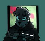  anthro big_eyes black_clothing canid canine canis clothing cute_expression cute_eyes domestic_dog glock_19 goon_(goonie_san) goonie-san gun hi_res holding_gun holding_object holding_weapon looking_up male mammal ranged_weapon simple_background solo weapon wolf 