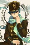  1925_(vocaloid) 1boy bangs black_eyes blue_hair buttons coat gtcockroach hand_up hat highres holding holding_clothes holding_scarf kaito_(vocaloid) looking_at_viewer male_focus plant project_diva_(series) scarf short_hair sleeve_cuffs smile solo uniform vocaloid 