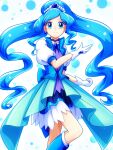  1girl blue_choker blue_dress blue_footwear blue_theme blue_vest bubble choker cure_fontaine dress earrings gloves hair_ornament healin&#039;_good_precure heart heart_hair_ornament highres jewelry magical_girl mimimix necklace pom_pom_(clothes) pom_pom_earrings precure sawaizumi_chiyu short_sleeves solo split_ponytail standing standing_on_one_leg vest white_gloves wide_ponytail 