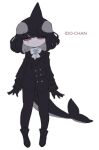  absurdres bangs black_hair cetacean_tail colored_skin dot_mouth expressionless female_child fish_tail formal gloves highres idoru orca orca_girl original purple_eyes scar shoes short_hair simple_background suit tail thick_thighs thighs tuxedo white_background white_skin 