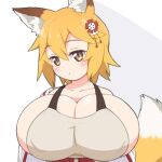  1girl :t alternate_breast_size animal_ears blonde_hair blush bra_strap breasts cleavage fox_ears fox_girl fox_tail huge_breasts off_shoulder oppai_loli senko_(sewayaki_kitsune_no_senko-san) sewayaki_kitsune_no_senko-san shirogane_hakuba short_hair simple_background solo tail upper_body white_background yellow_eyes 