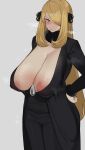  1girl areola_slip black_eyes blonde_hair blush breasts chamchami cleavage curvy cynthia_(pokemon) dress hand_on_hip huge_breasts large_areolae long_hair looking_at_viewer nintendo one_eye_covered plump pointy_breasts pokemon pokemon_(game) pokemon_dppt sagging_breasts see-through solo standing 