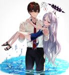  1boy 1girl absurdly_long_hair absurdres bangs bare_arms bare_legs belt black_pants blue_archive blush carrying carrying_person closed_mouth collared_shirt commentary_request embarrassed forehead gro_(lee145879) halo heart highres hina_(blue_archive) horns in_water kelp light_purple_hair long_hair necktie pants parted_bangs princess_carry purple_eyes red_necktie sandals school_swimsuit see-through see-through_shirt sensei_(blue_archive) shirt sleeves_rolled_up speech_bubble spoken_heart standing starfish swimsuit toes very_long_hair wet wet_clothes wet_shirt white_shirt 