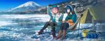  2girls absurdres aqua_coat beanie black_gloves black_pantyhose blue_hair boots brown_footwear bucket camping camping_chair coat cooking_pot day drill fishing fishing_rod full_body gloves grey_headwear hair_between_eyes hat hayateluc highres holding holding_fishing_rod ice_fishing kagamihara_nadeshiko long_sleeves looking_at_another multicolored_clothes multicolored_scarf multiple_girls on_chair open_clothes open_coat open_mouth outdoors pantyhose pink_hair portable_stove scarf scenery shima_rin sitting tent twitter_username white_coat winter winter_clothes yurucamp 