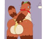  anthro asian_clothing balls balls_growth belly big_balls big_belly big_butt bodily_fluids bottomwear butt canid canine clothed clothing east_asian_clothing fundoshi genitals hand_on_butt headgear headwear hi_res japanese_clothing kemono leaf male mammal partially_clothed raccoon_dog rear_view sdscrib simple_background solo sweat sweatdrop tanuki underwear 