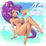  1girl blue_eyes breasts dark-skinned_female dark_skin highres inverted_nipples large_breasts long_hair midriff nude pointy_ears ponytail puffy_nipples purple_hair purple_nails shantae shantae_(series) supersatanson very_long_hair 