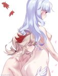  1boy 1girl annidrw ass bandaged_hand bandages blonde_hair blue_hair breasts closed_eyes genshin_impact highres kaedehara_kazuha kamisato_ayaka kissing_back long_hair multicolored_hair nipples nude ponytail red_hair streaked_hair 