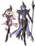  1boy 1girl alternate_costume bangs bare_shoulders belt blonde_hair boots capelet choker dark_magician dark_magician_girl duel_monster full_body gloves green_eyes hand_on_headwear hat high_heel_boots high_heels highres holding holding_staff long_hair looking_at_viewer mannaless red_eyes single_thighhigh staff thighhighs white_background white_hair witch_hat wizard_hat yu-gi-oh! 